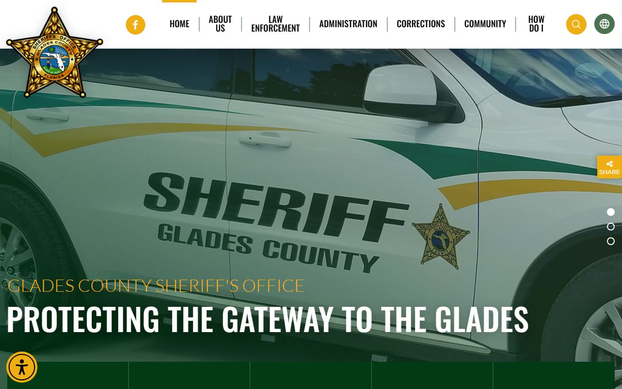 Glades County Sheriff's Office homepage with inmate search link for jail records