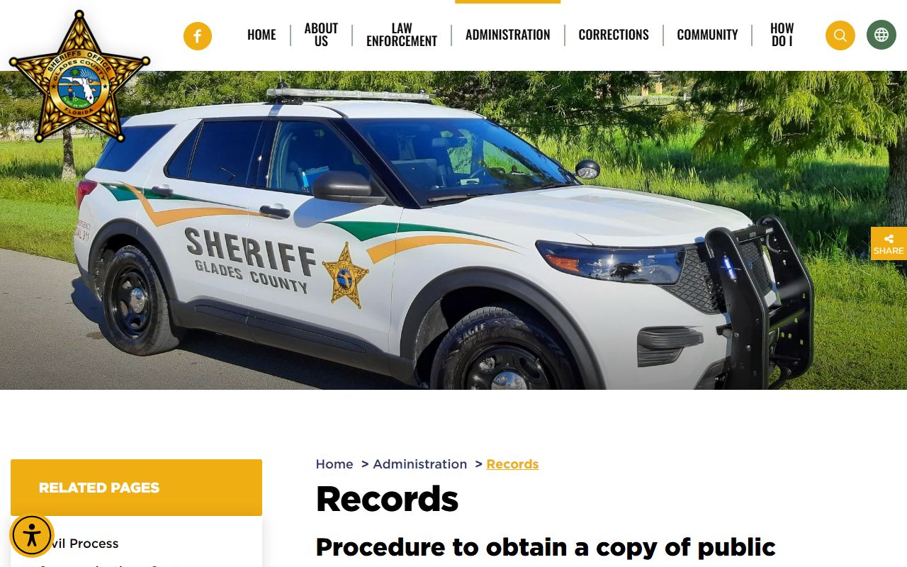 Glades County Sheriff records request page showing booking photo and public record request routes and fees
