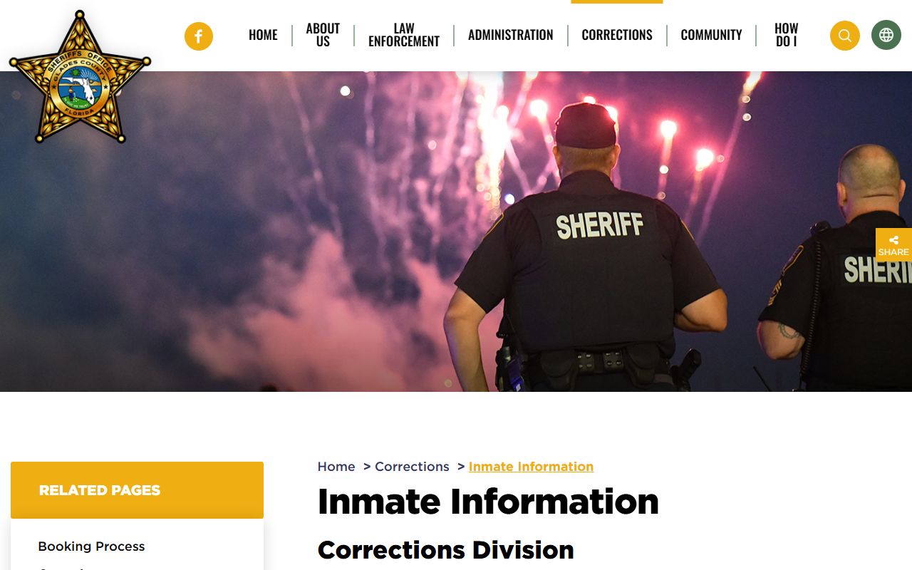 Glades County Detention Center inmate information page with custody and booking details
