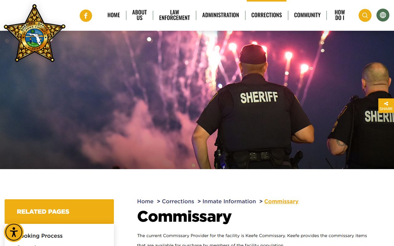 Glades County Detention Center commissary and deposit page listing Keefe and Access Corrections
