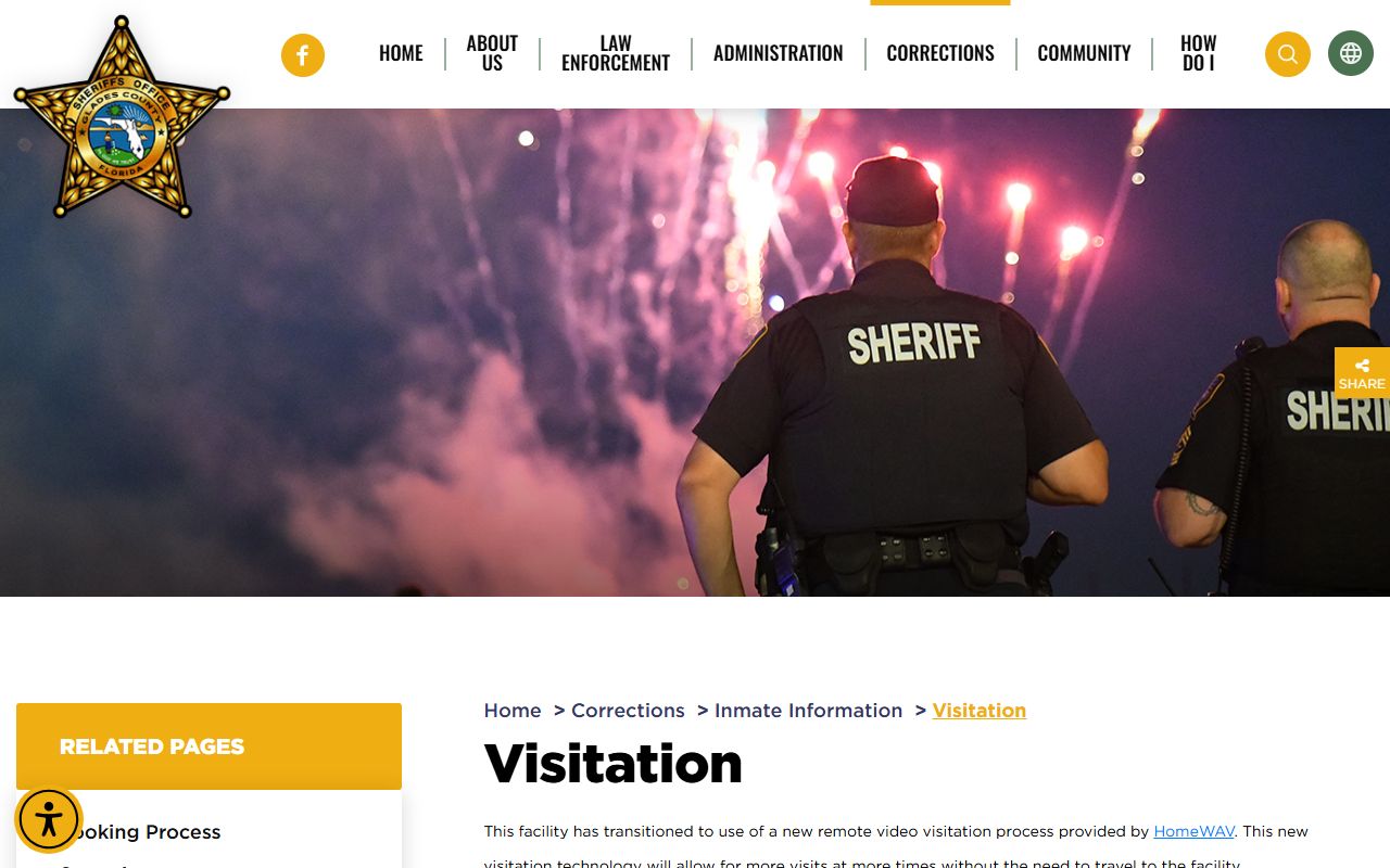 Glades County Detention Center visitation page showing HomeWAV video visit hours