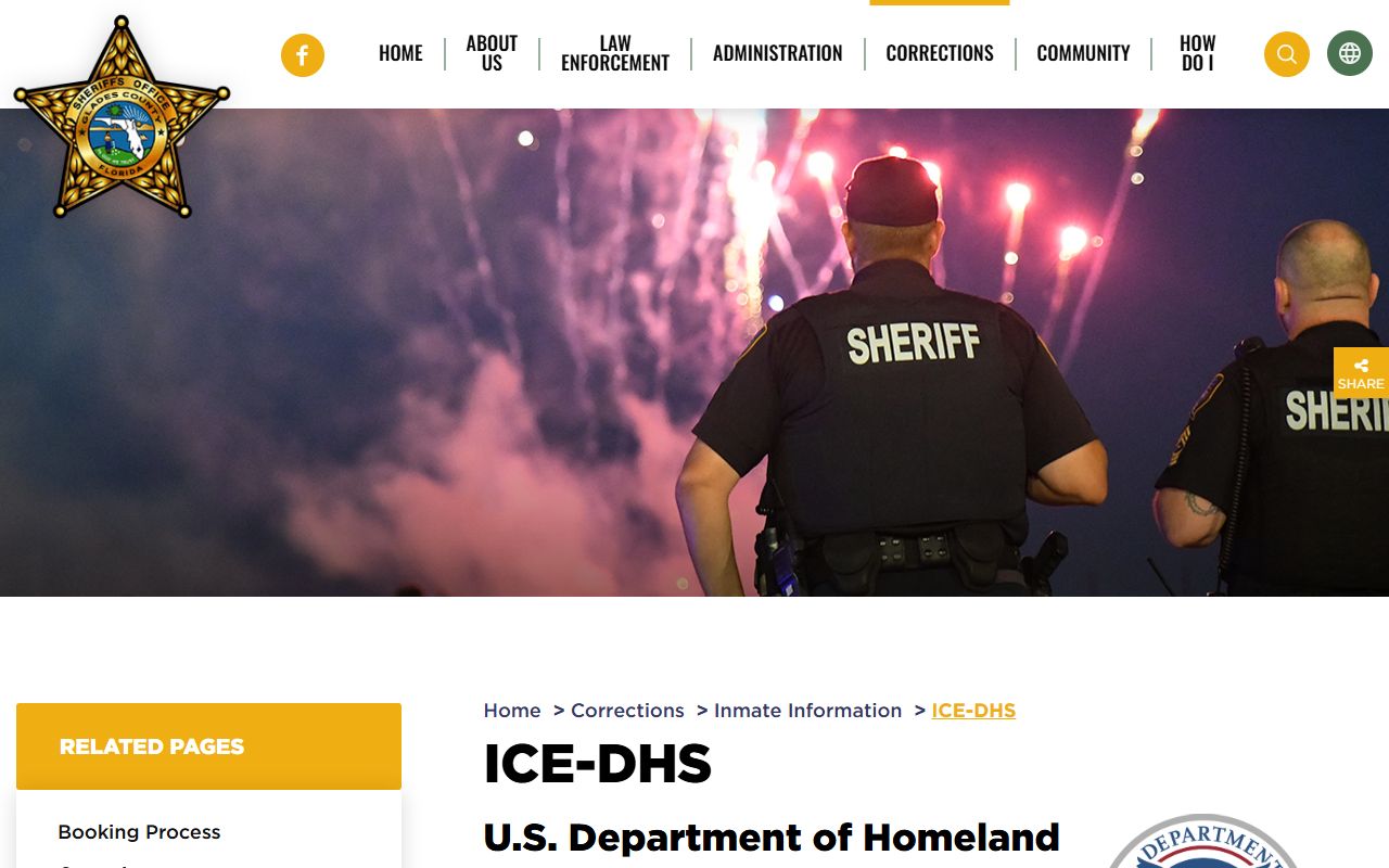 Glades County Detention Center ICE-DHS page with the ICE detainee locator link