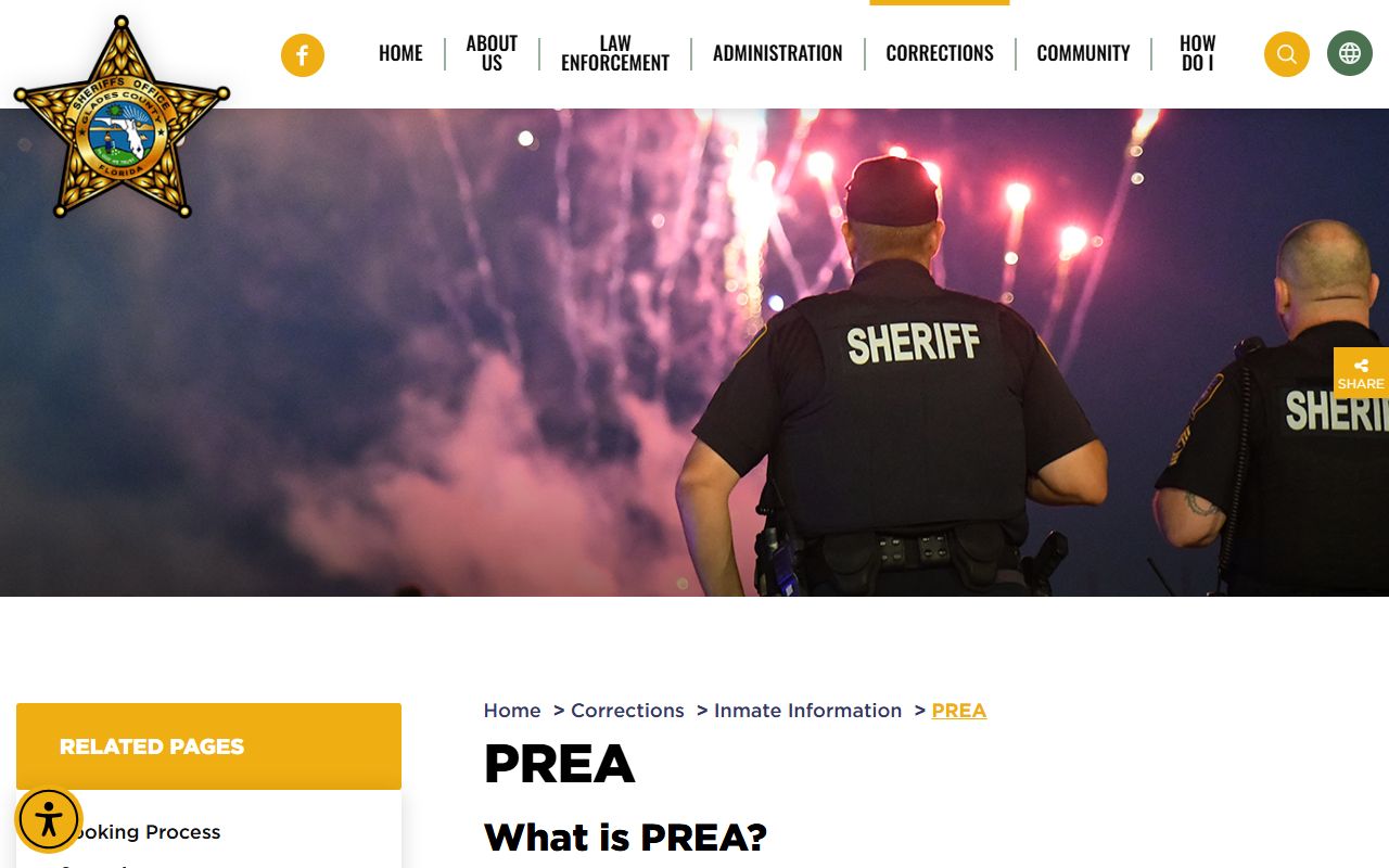 Glades County Detention Center PREA reporting page with audit status and reporting methods