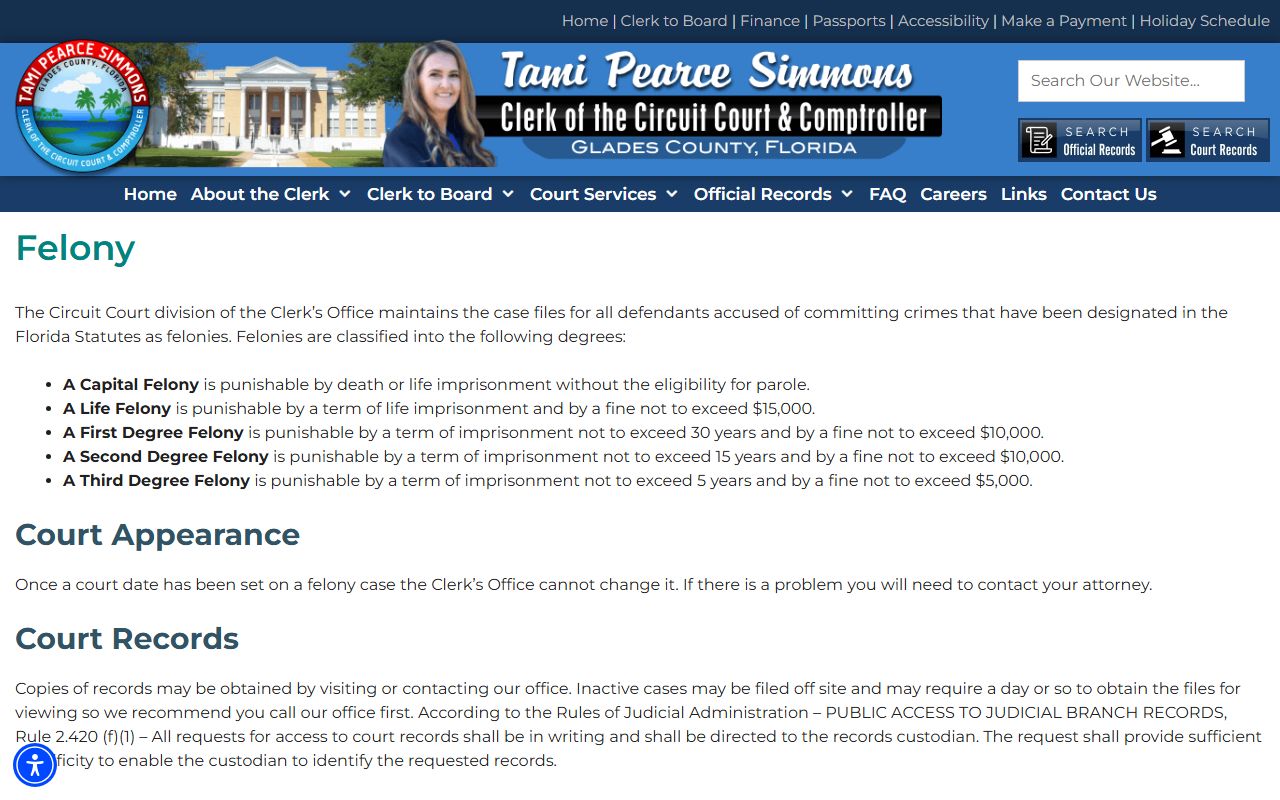 Glades County Clerk felony court records page with fees and search link