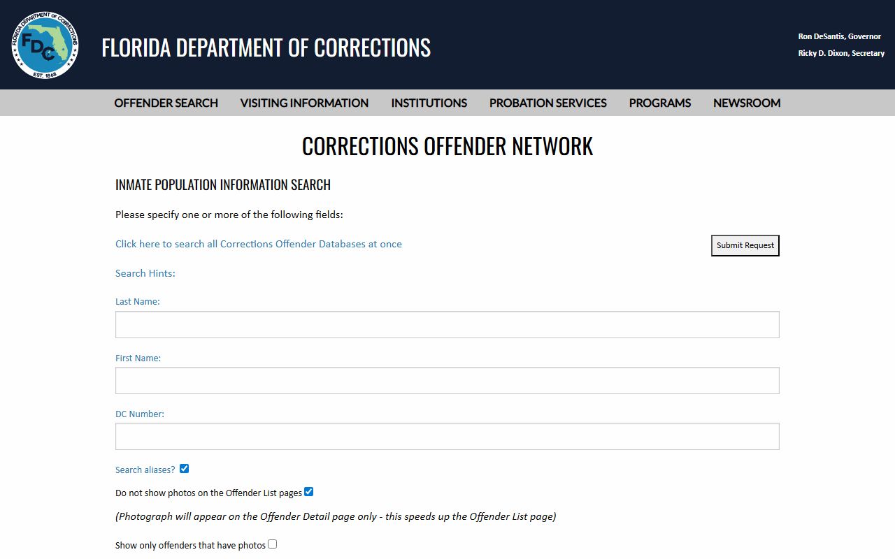 Florida Department of Corrections inmate population offender search for sentenced Glades County prisoners