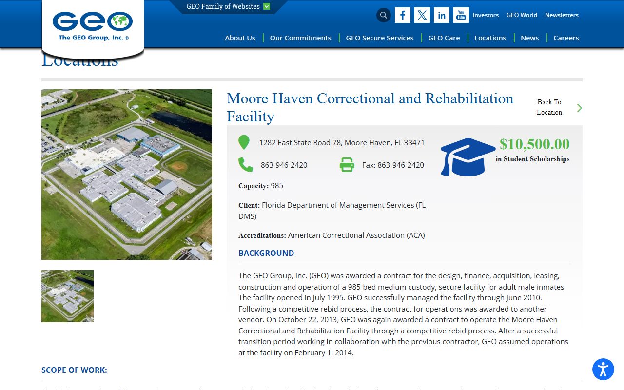 GEO page for Moore Haven Correctional and Rehabilitation Facility in Glades County showing capacity and programs
