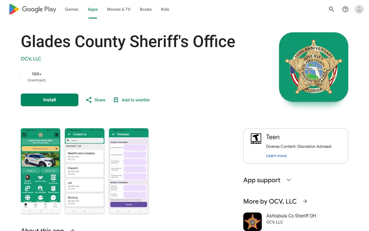 Glades County Sheriff's Office mobile app listing on Google Play, separate from the inmate population roster